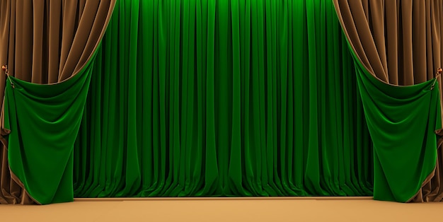 Gold and green Red Curtain opera scene drape backdrop concert grand opening or cinema premiere backstage 3D render