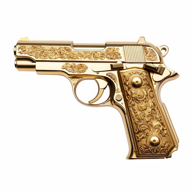 a gold gun with flowers on it is a gold color