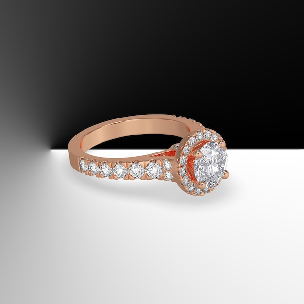 Gold halo engagement ring with round center stone and side diamonds on shank 3d render