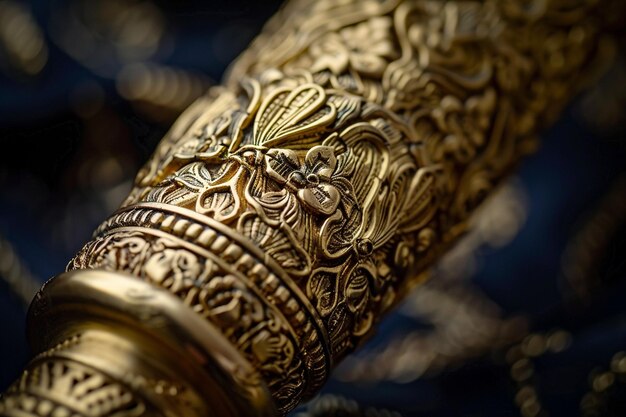 Photo a gold handle of a gold colored temple with a design on the top