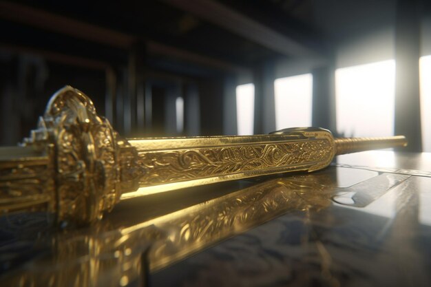 A gold handle on a table with a candle in the corner.