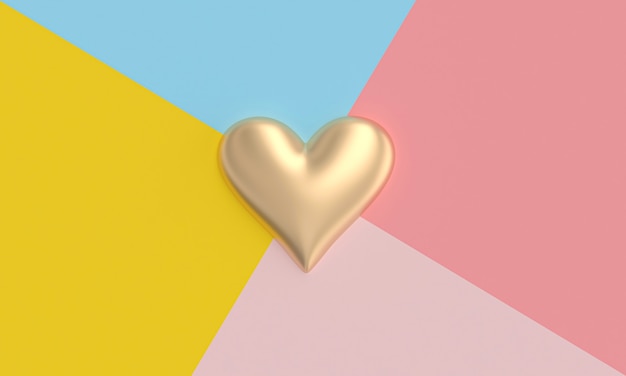 Gold heart on a background of differently colored sectors in flat lay style. 