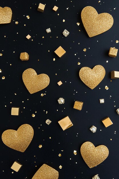 Photo gold heart shaped cookies with a black background with a black background