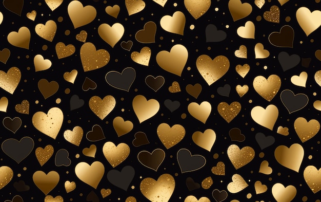 Photo gold hearts are lined up on a black background