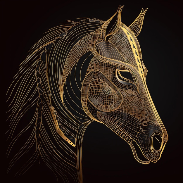 A gold horse with a pattern on its face.