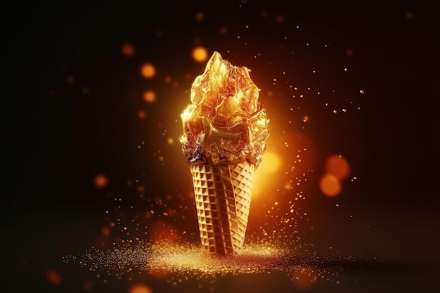 A gold ice cream cone with a fire effect on the bottom.