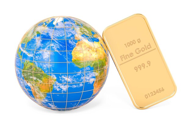 Gold ingots with Earth Globe 3D rendering