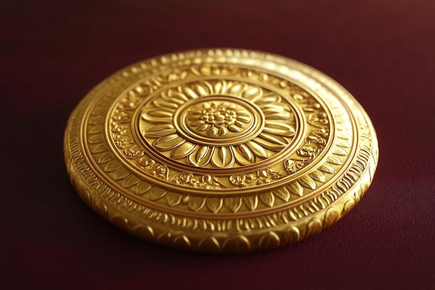 a gold item with a flower design on it is on a red surface