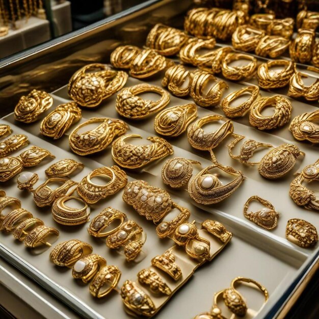 Photo gold jewelry on display including one that says  the number 10