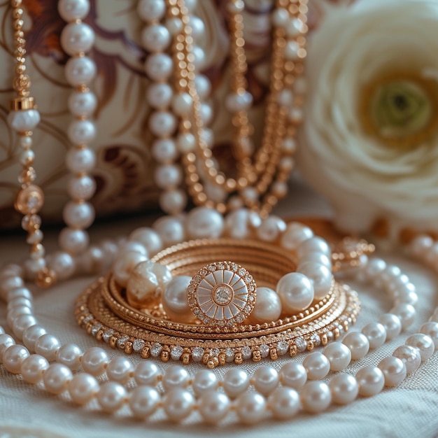 a gold jewelry with a pearl necklace on it