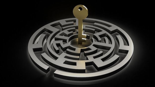 The gold key in maze on black background 3d rendering