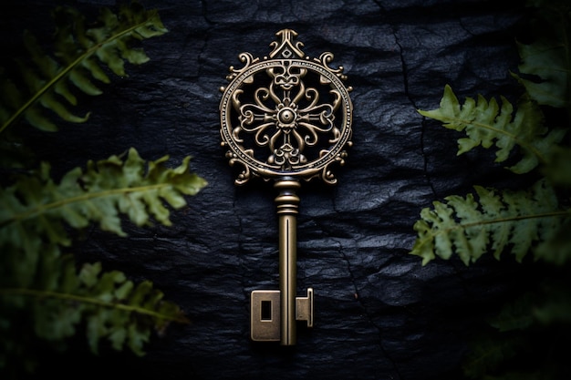 a gold key with leaves on a black surface