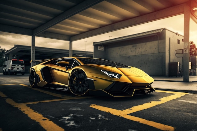 A gold lamborghini is parked in a parking lot.