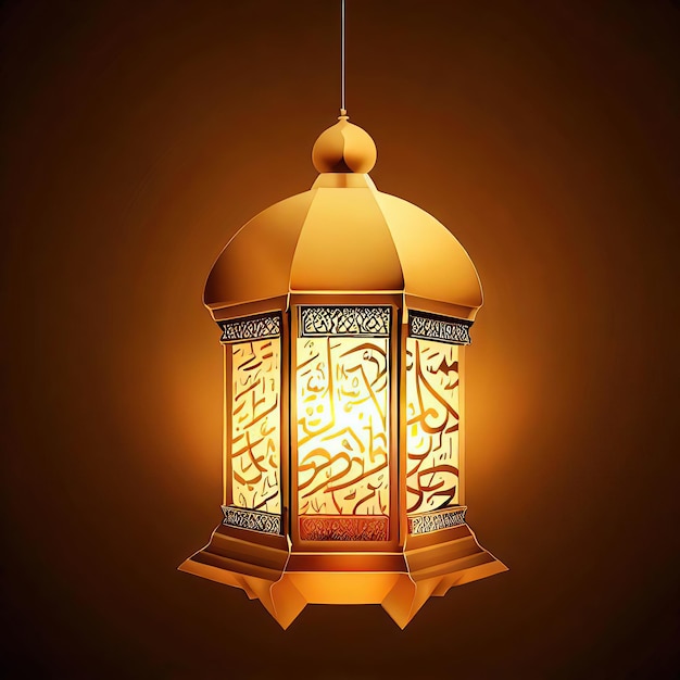 A gold lamp with arabic calligraphy that says " ramadan " on it.