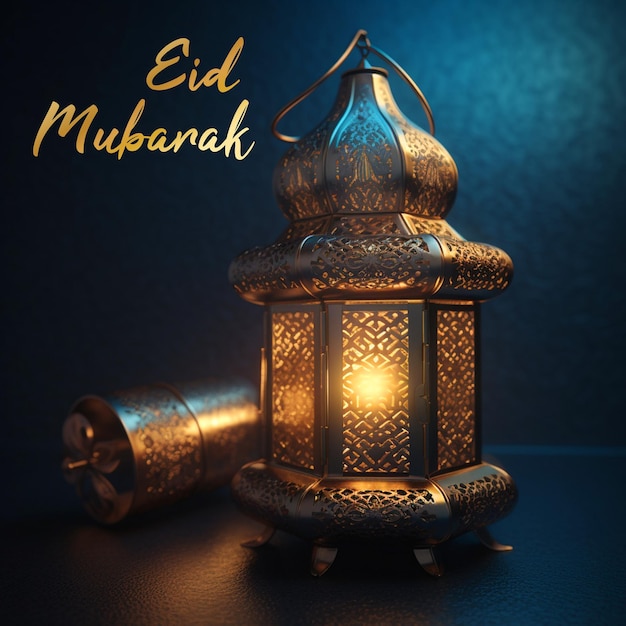 A gold lamp with the word eid mubarak in the background