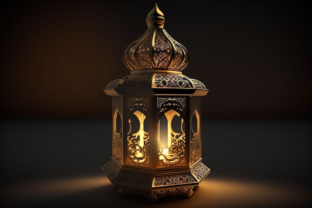 A gold lantern with the words ramadan on it