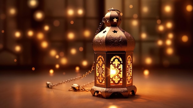 A gold lantern with the words ramadan on it