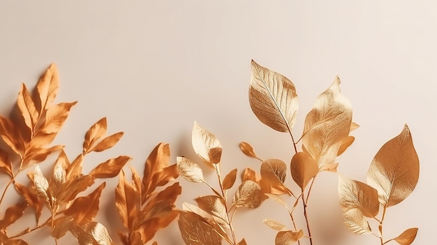 Gold leaves on a beige background