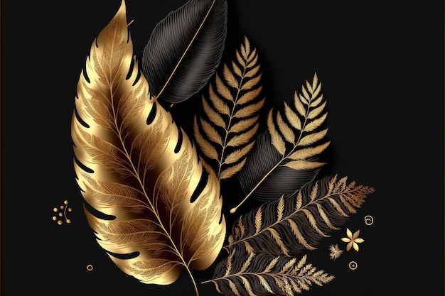 Gold leaves on black background, leaf feather on black background, Luxury feeling. Illustration