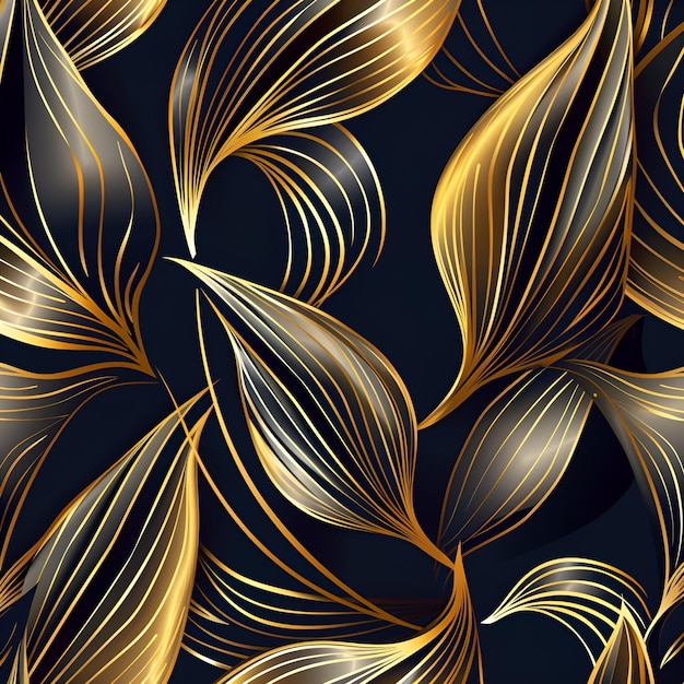 Photo gold leaves and gold swirls are drawn on a black background