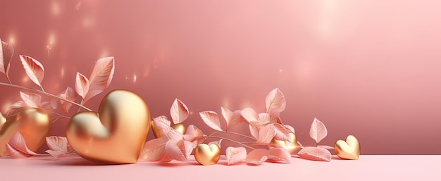 gold leaves and golden hearts on a pink background