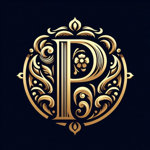 a gold letter p is on a black background