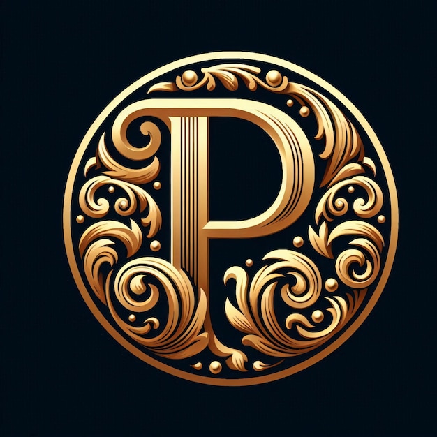 a gold letter p that is on a black background