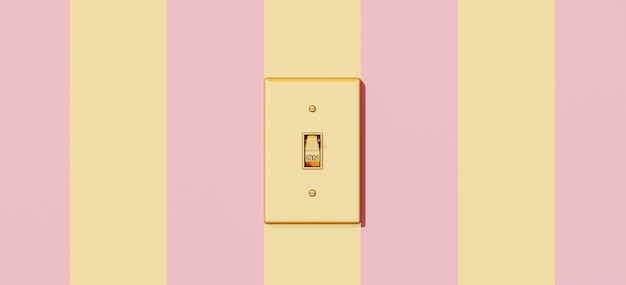 Gold light switch in the on position with pink and gold stripes background