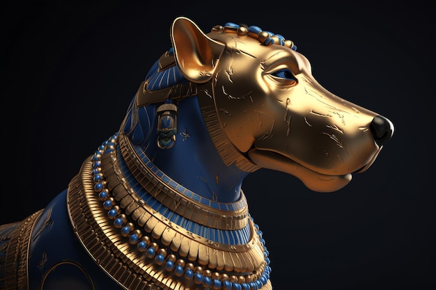 A gold lion head with blue and gold accents.