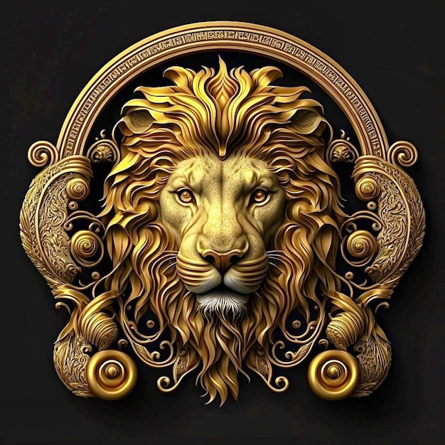 A gold lion head with a scroll design on it