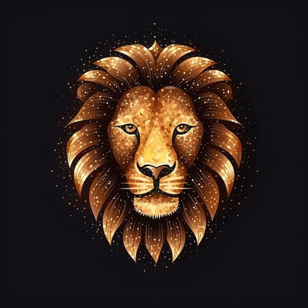 A gold lion's head with a black background.