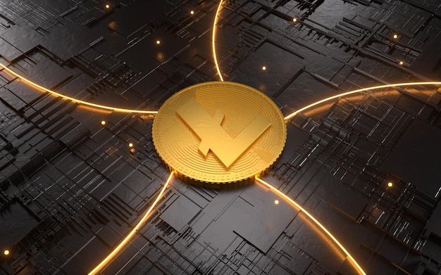 Gold Litecoin coin cryptocurrency logo and abstract tech background