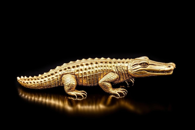 a gold lizard is on a black background.