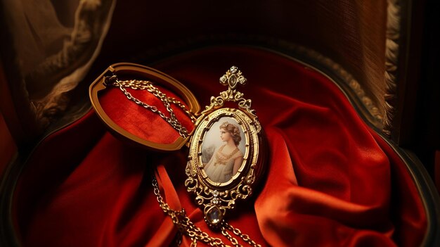 gold locket with a red gem on a red velvet background with a necklace