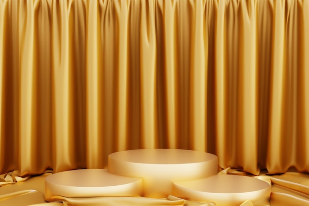 Gold luxury product display or elegance podium pedestal on abstract golden cloth background