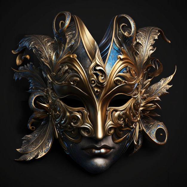 A gold mask with floral designs on a black background