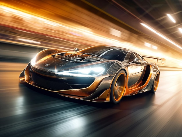 A gold mclaren car is driving on a road with lights on.