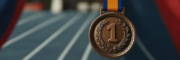 a gold medal with a yellow and red ribbon on it