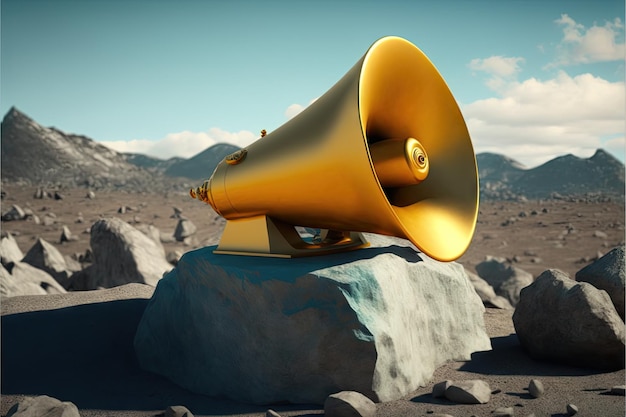 Gold megaphone on rock created with generative ai