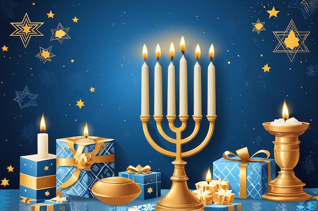 Photo gold menorah with presents and a blue background with gold stars