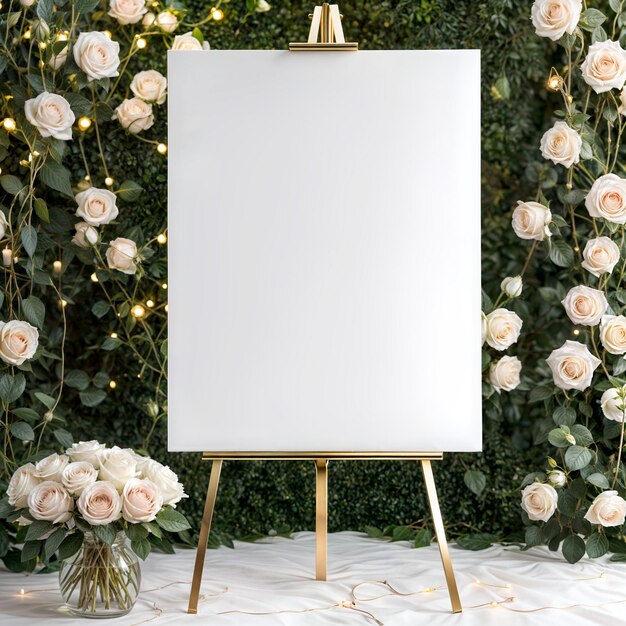 Photo a gold metal easel wedding banner decorated with white and pink roses