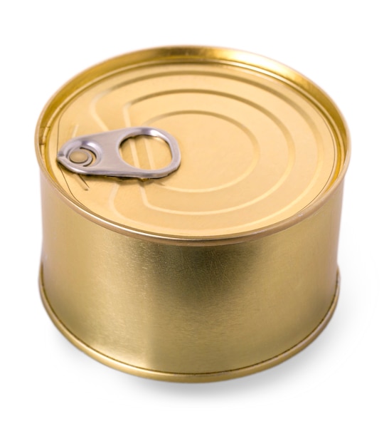 Gold metal tin can isolated on white background.