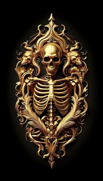 A gold metal upper body human skeleton in a floral frame on a black background