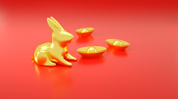 Gold metallic bunny on a red background