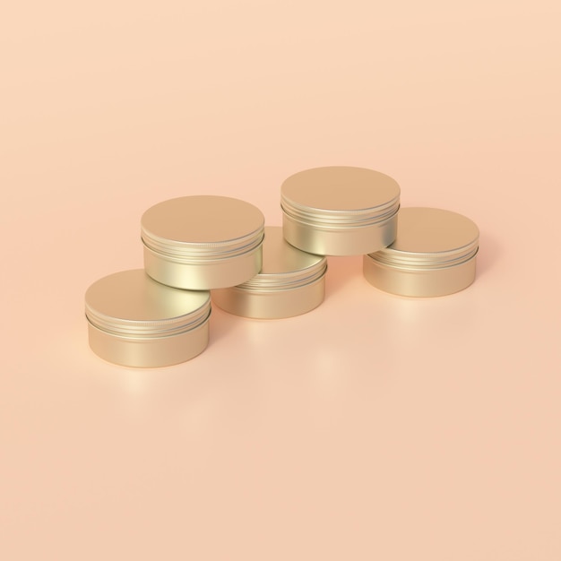 Gold metallic round tin editable cosmetic jar mockup 3d rendering