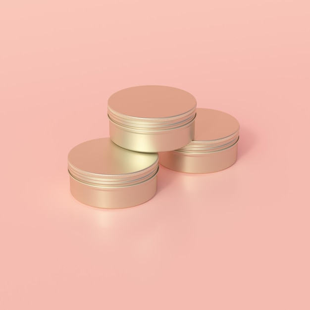 Gold metallic round tin editable cosmetic jar mockup 3d rendering