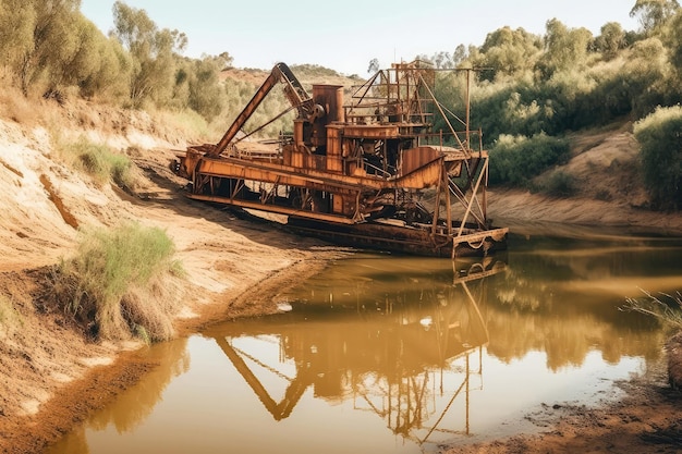 Gold Mining Dredge On River Aquatic Excavation Generative AI