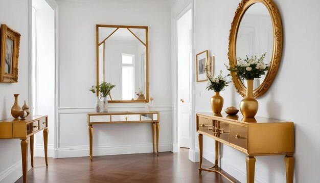 a gold mirror is on a white wall with gold vases and flowers