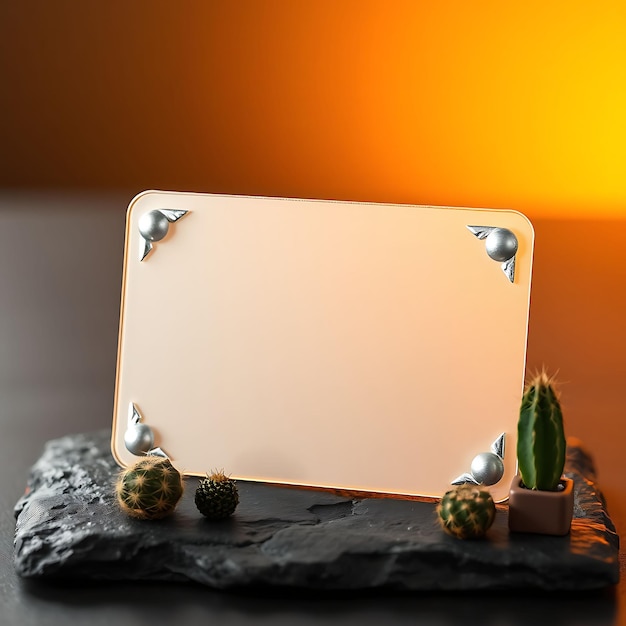 a gold mirror with a cactus and a sign on it