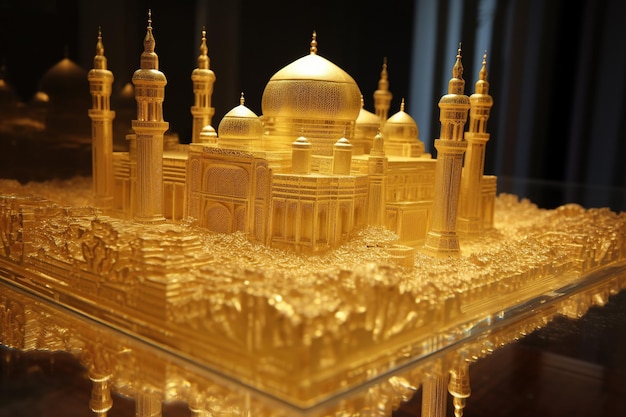 A gold model of the taj mahal is displayed in a glass case.